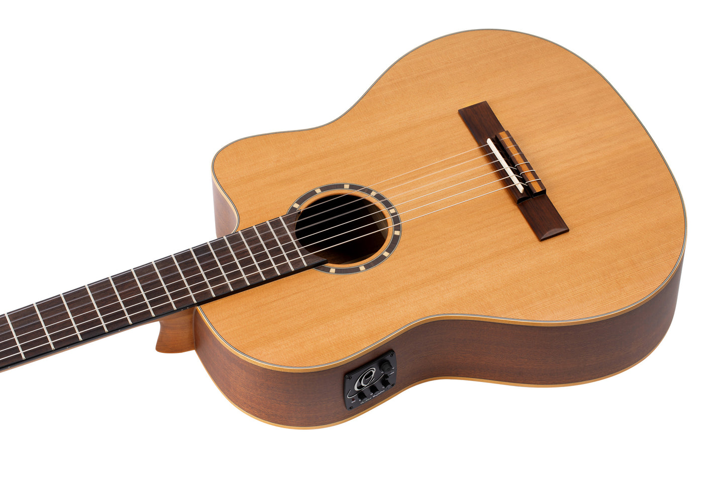 RCE131, pan coupé, EQ MagusPro, table cèdre rouge massif, fond & éclisses acajou, manche acajou (sillet 52 mm), housse, naturel