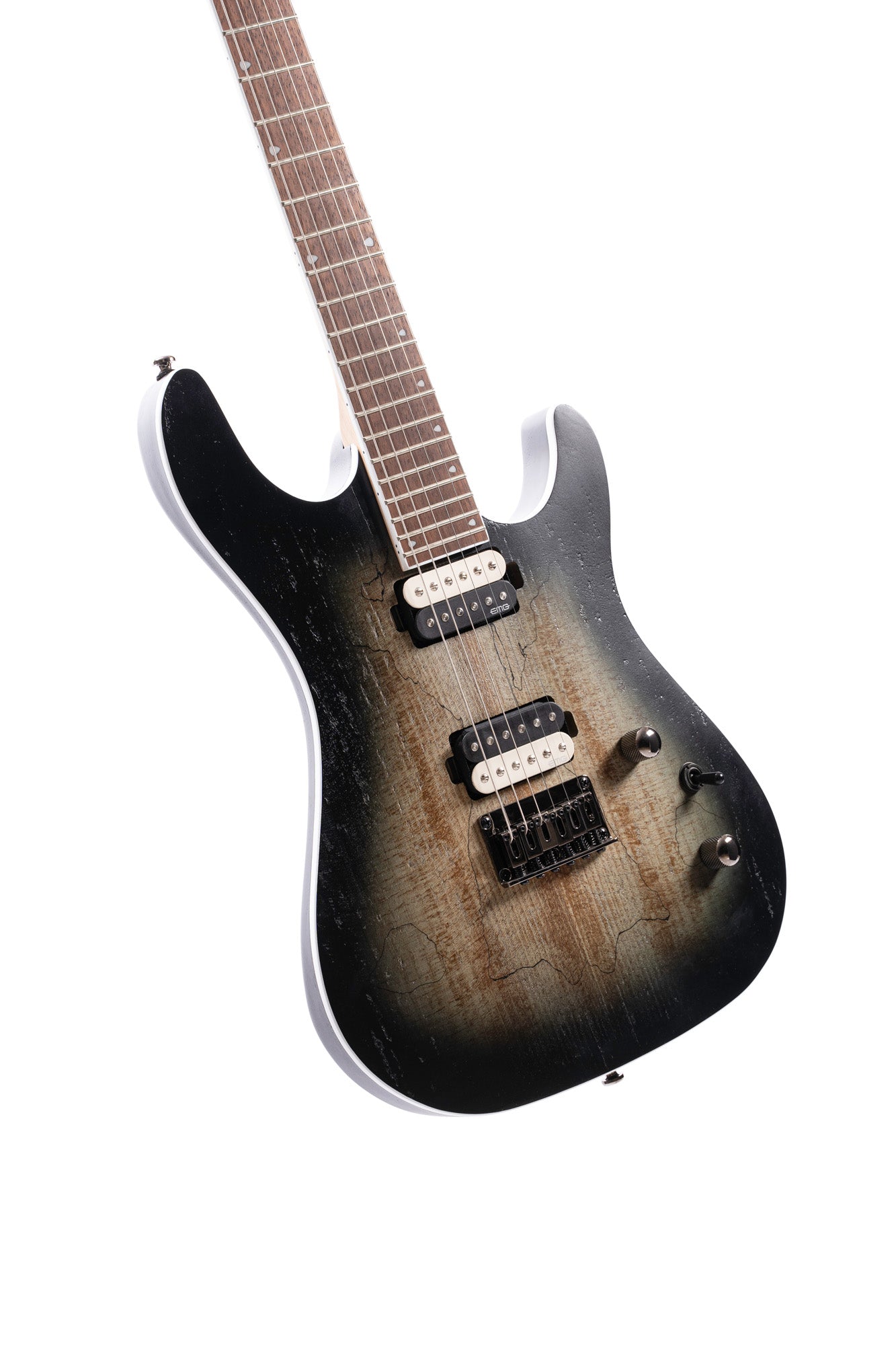 KX300, corps acajou, table érable figuré, manche vissé érable, touche jatoba, micros EMG RetroActive, raw burst pores ouverts