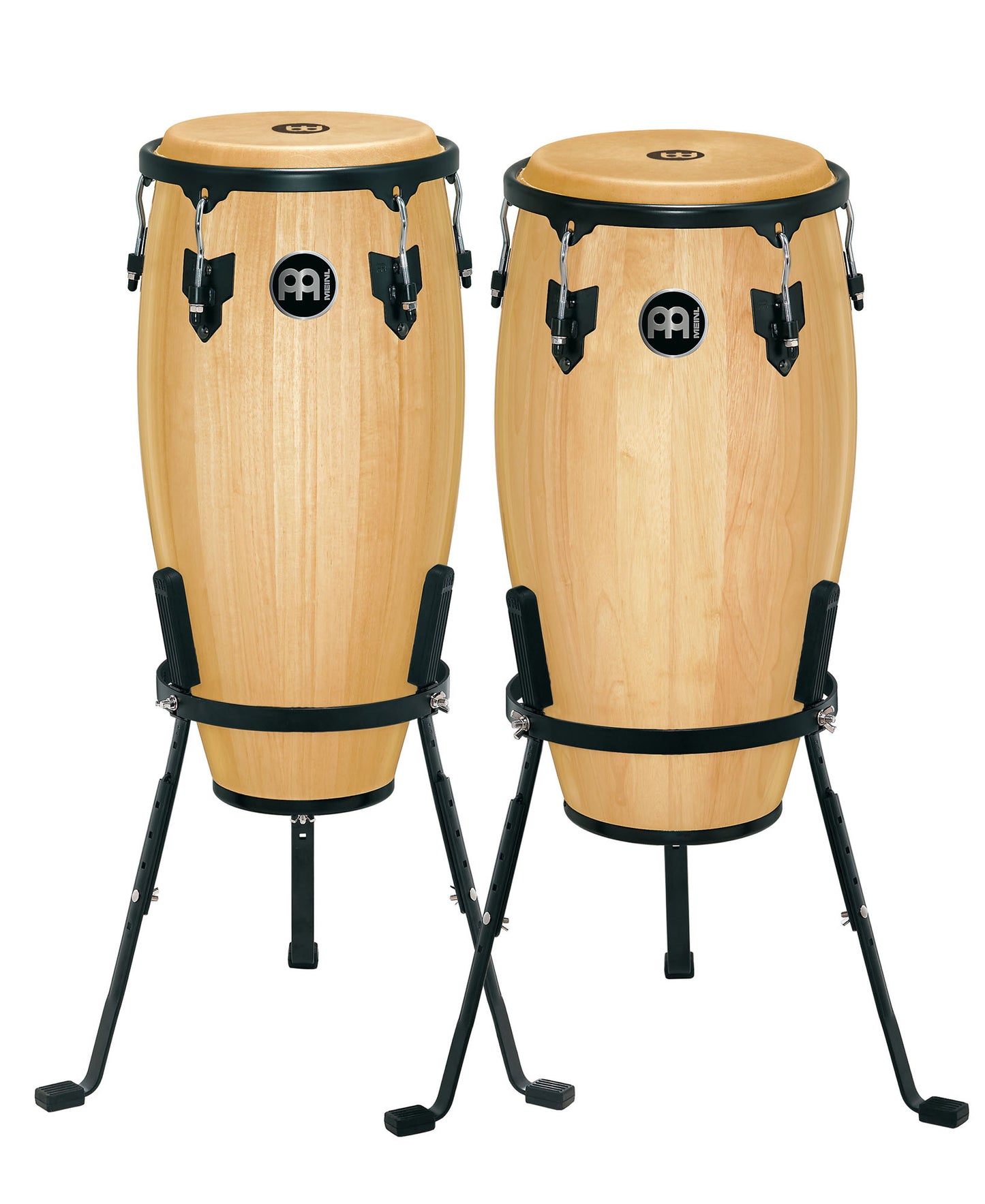 Paire congas 11 & 12", hévéa, 71 cm, peaux buffle, accastillage noir poudré, avec supports panier, Natural brillant