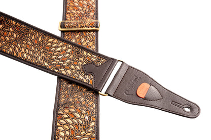 Courroie modèle ALIEN, synthétique, rembourrée, largeur 6 cm, longueur 95 à 150 cm, porte-médiators intégré, brun