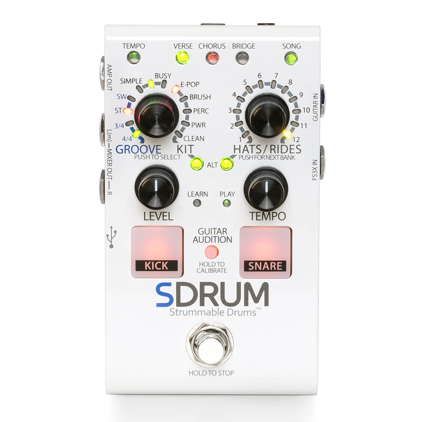 Pédale SDRUM, boîte à rythmes intelligente pour guitaristes et bassistes, 5 kits de batteries différents, blanc