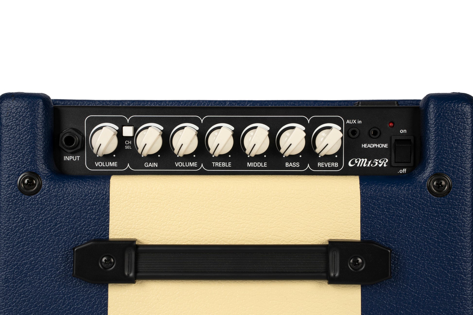 Ampli guitare 15W, 1 x 8", 2 canaux, égaliseur 3 bandes, réverb, entrée CD/MP3 mini-Jack, sortie casque mini-Jack, bleu