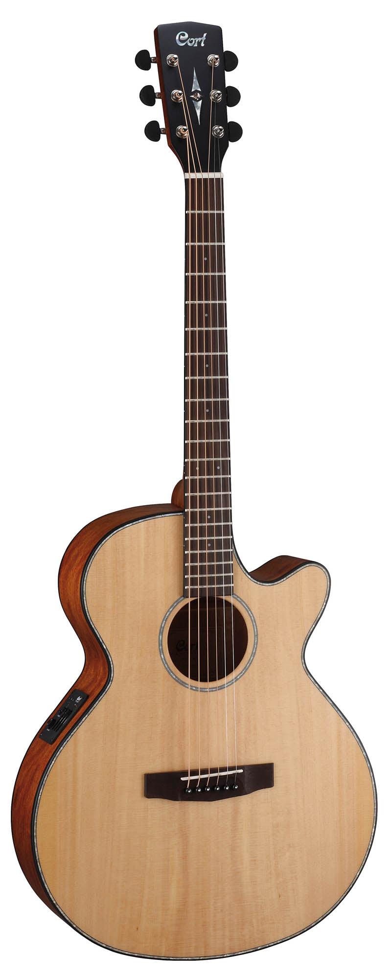 SFX-E, table épicéa massif, fond & éclisses acajou, manche acajou, touche ovangkol, EQ Cort CE304T, naturel satiné