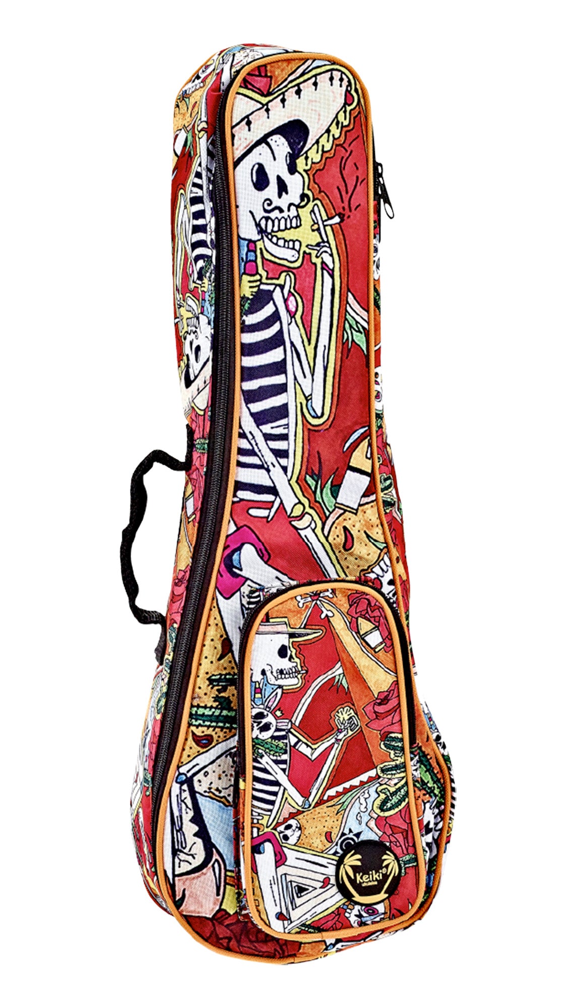 Housse Ukulélé Soprano, design"El Muerto", nylon doux et solide, rembourrage 10 mm, courroies ajustables, poche accessoires