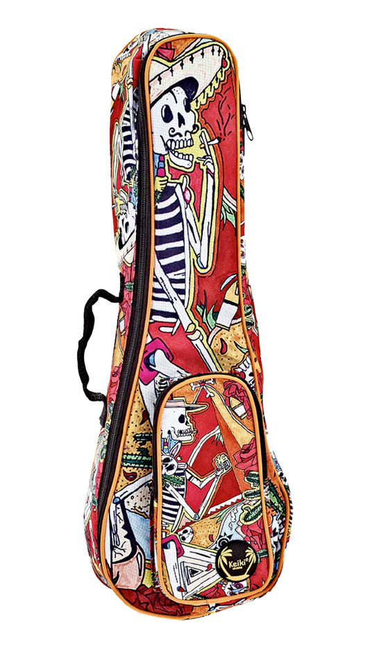 Housse Ukulélé Soprano, design"El Muerto", nylon doux et solide, rembourrage 10 mm, courroies ajustables, poche accessoires