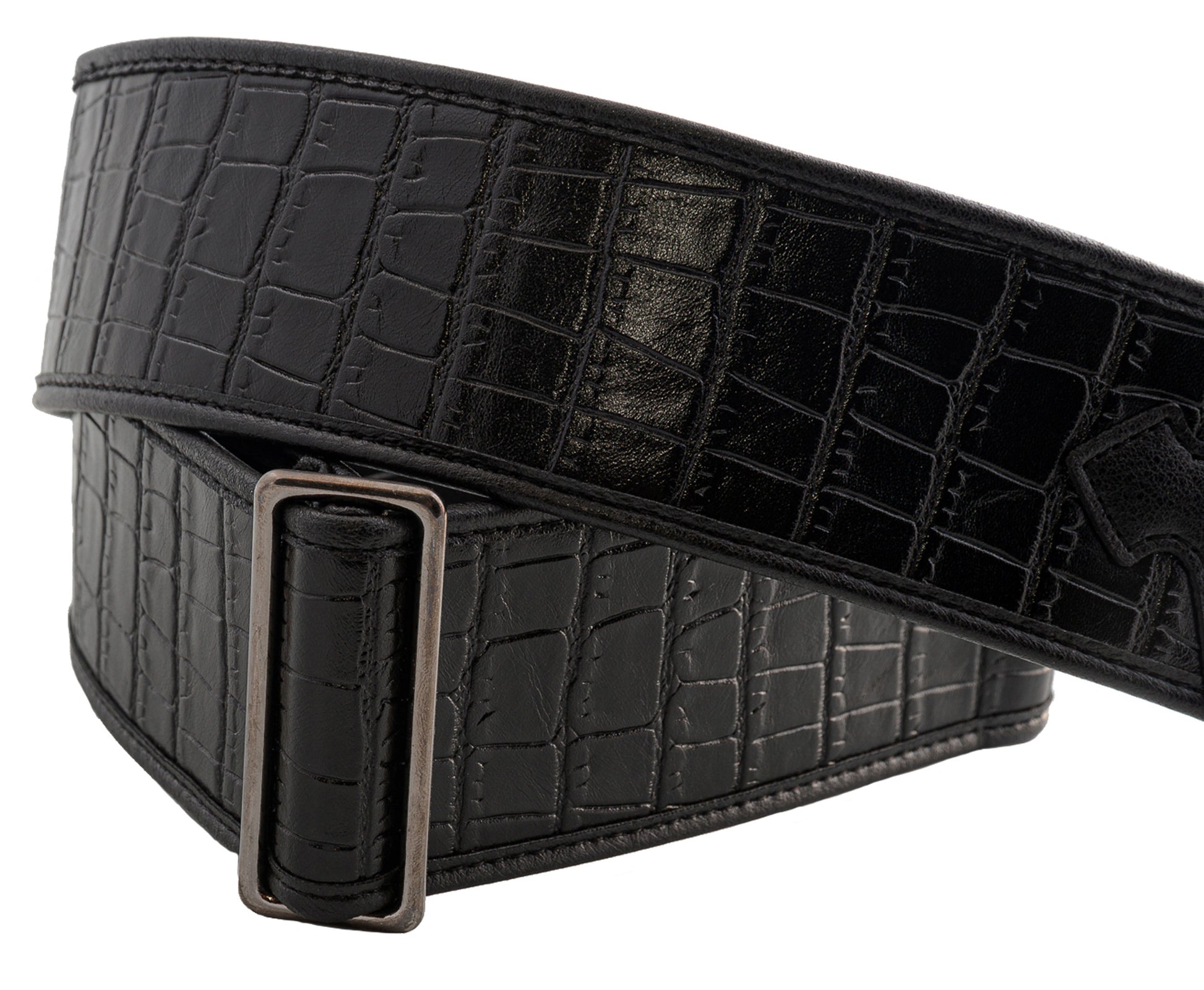 Courroie modèle ALLIGATOR, synthétique, largeur 6 cm, longueur 95 à 150 cm, porte-médiators intégré, noir