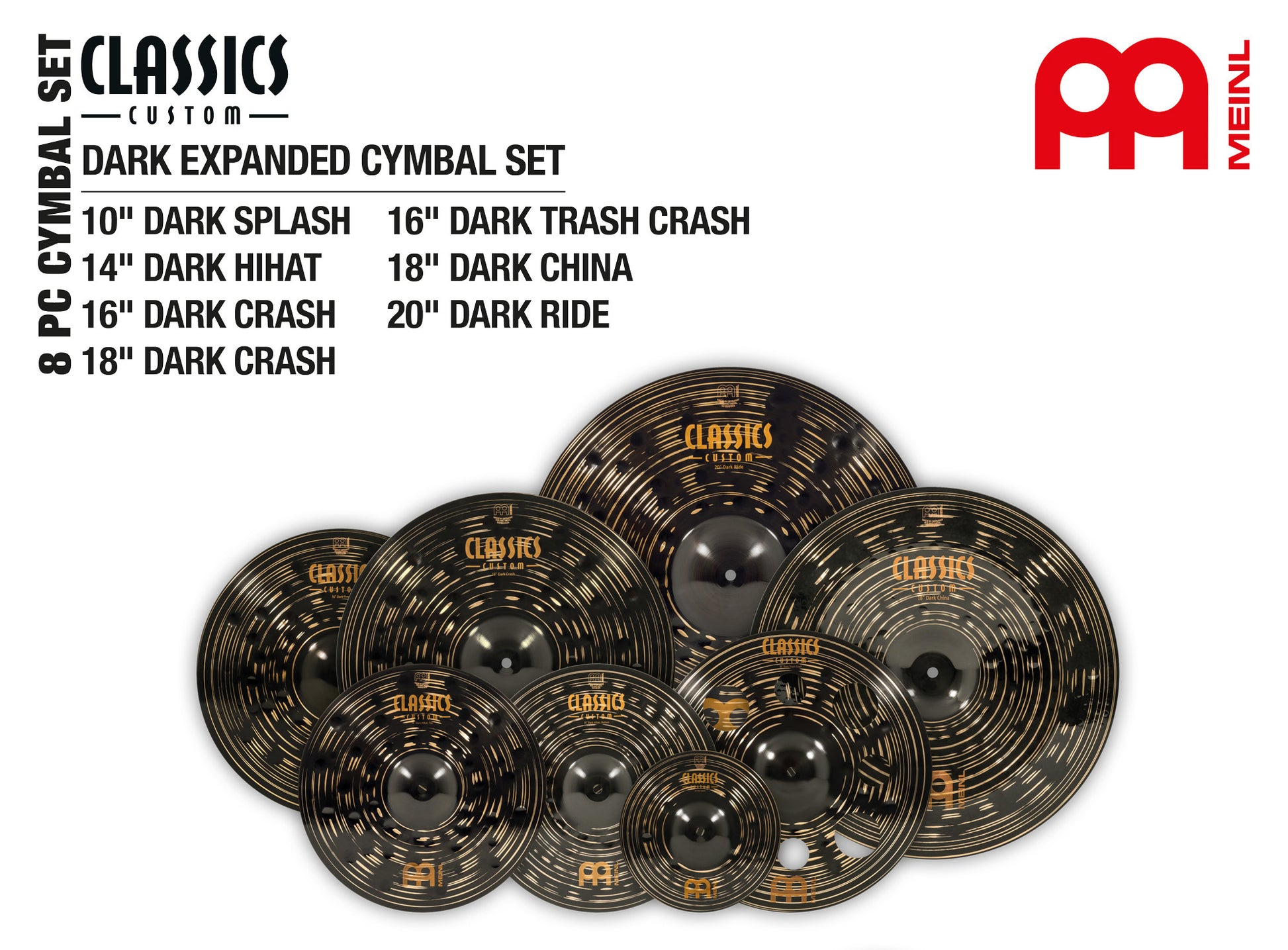 Pack de cymbales étendu Meinl Classics Custom Dark 10"14"16"18"16"18"20" alliage bronze B12 fini dark