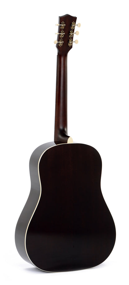 Modèle JM-SG45L, Dreadnought Slope Shoulder, table épicéa massif, f/e acajou, EQ Fishman, soft case, sunburst brillant, gaucher