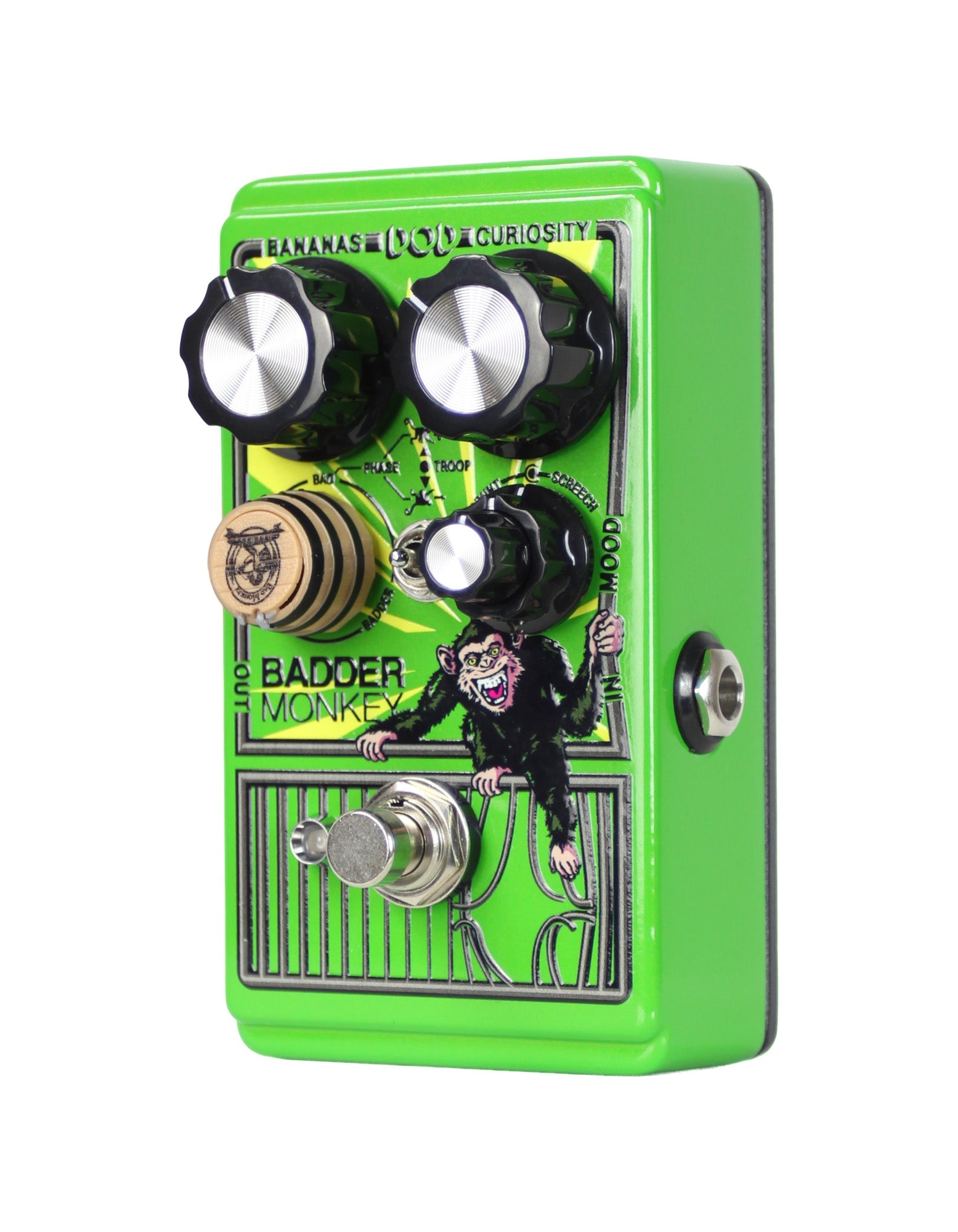 Pédale BADDER MONKEY, overdrive 3 circuits dont 2 mélangeables, switch de phase, EQ, True Bypass, plaque réversible, vert