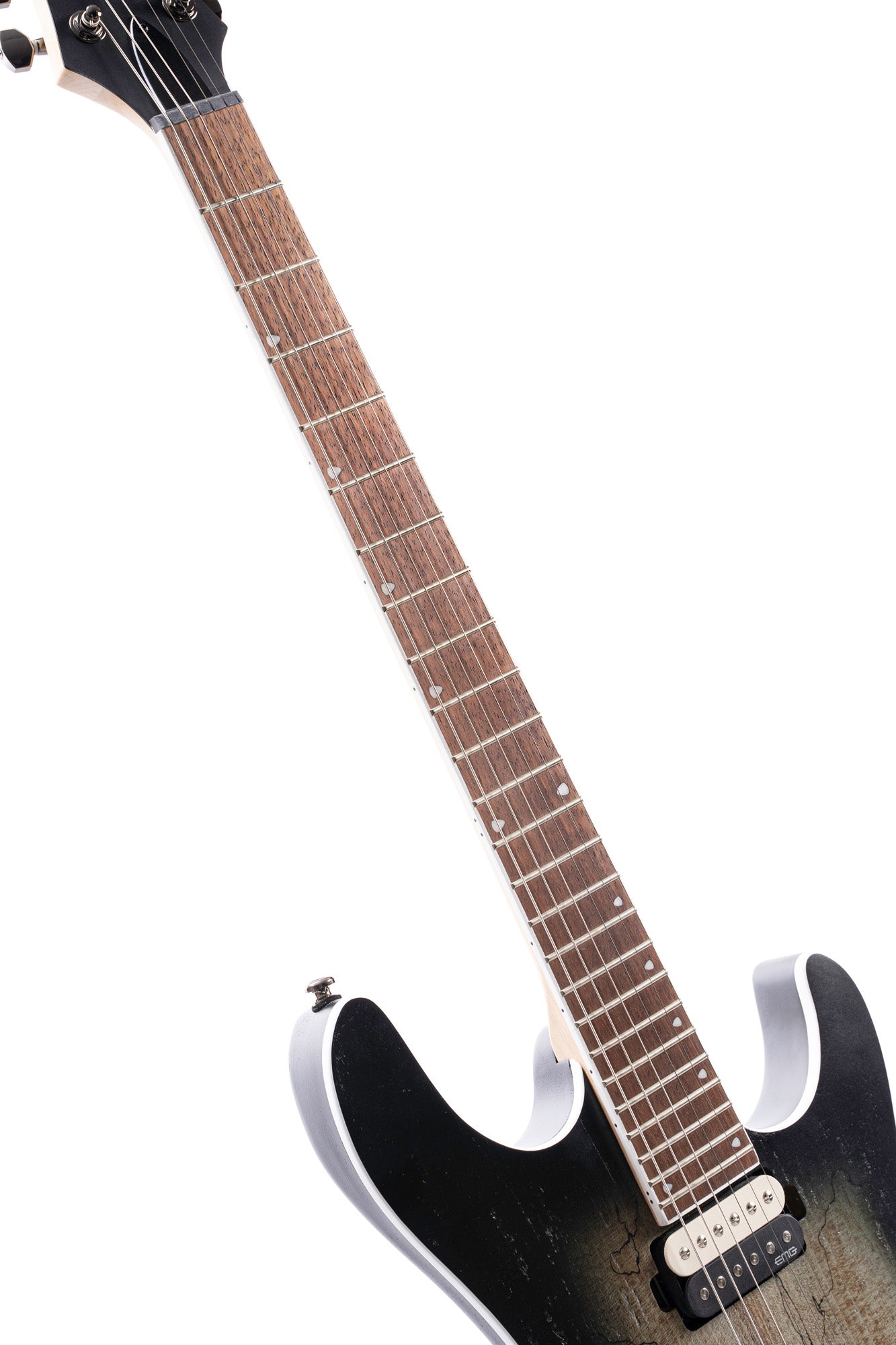 KX300, corps acajou, table érable figuré, manche vissé érable, touche jatoba, micros EMG RetroActive, raw burst pores ouverts