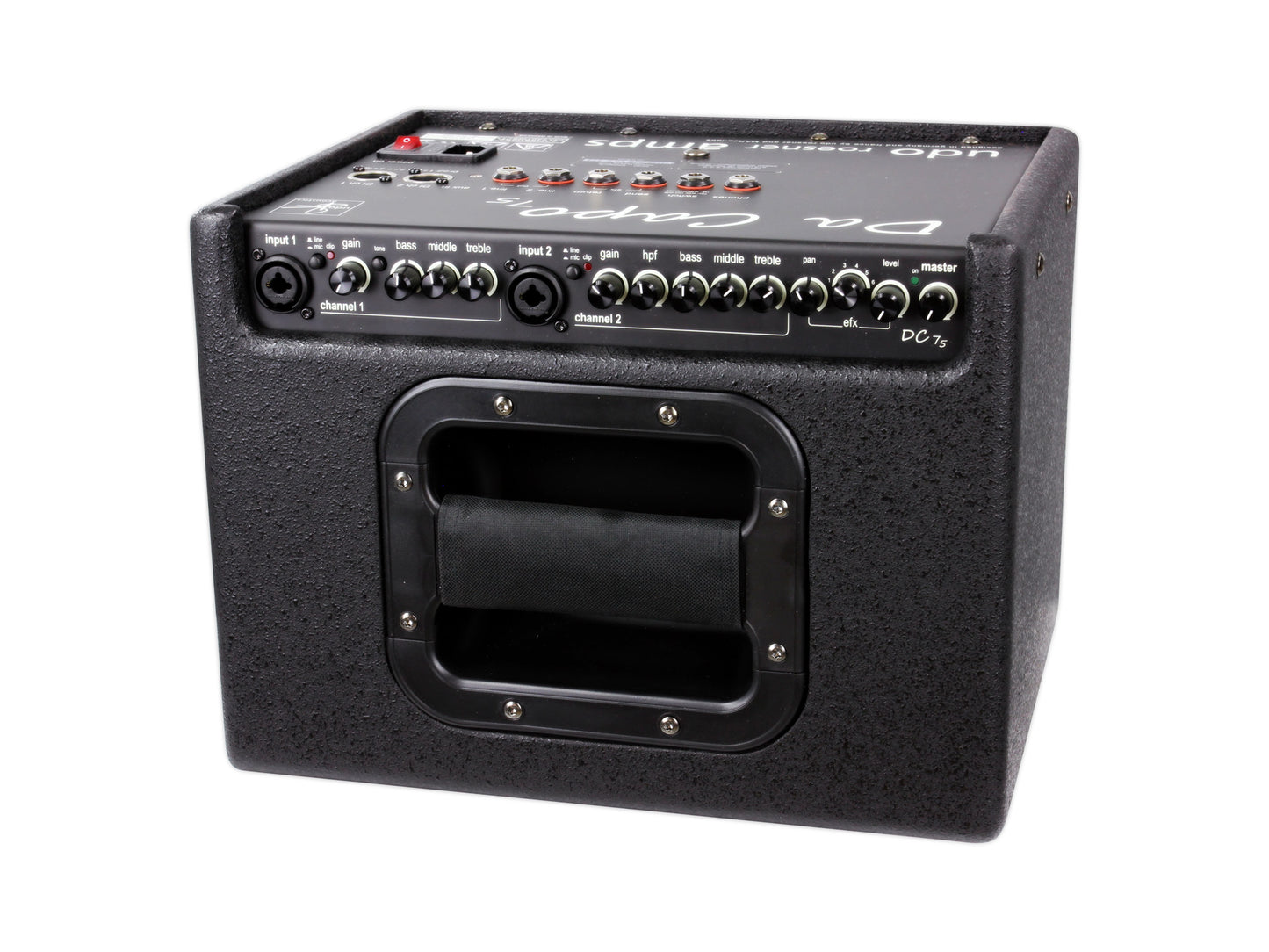 DA CAPO 75, 2 canaux, 75W, HP 8" double cône, EQ 3 bandes par canal, 2 entrées combinées XLR/Jack, effets numériques, noir