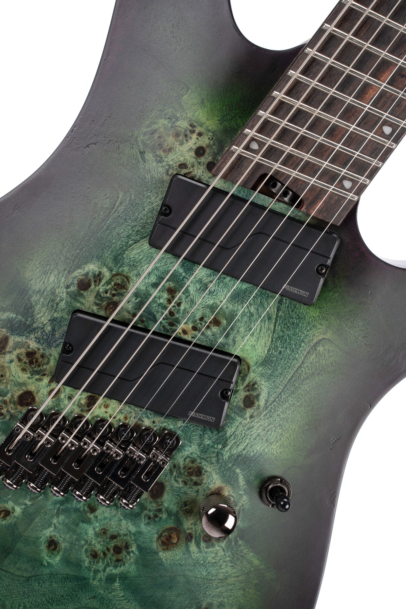 KX507MS, modèle 7 cordes, corps acajou, table peuplier figuré, touche ébène, micros Fishman Fluence, star dust green