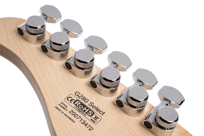 G280 SELECT, corps aulne, table érable flammé, touche palissandre, 2 micros simples et 1 double Voiced Tone, ambre