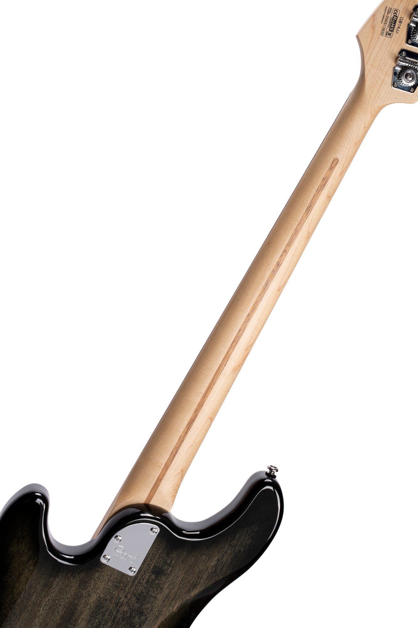 GB24JJ, 4 cordes, corps peuplier, table érable flammé, 2 micros simples Jazz Cort Powersound, noir translucide