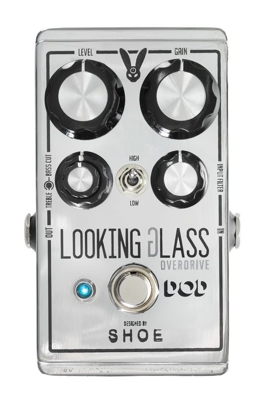 Pédale LOOKING GLASS, overdrive 2 modes (Hi/Low), FET discret ultra-réactif conception Class-A, argent