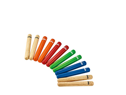 LOT DE 6 PAIRES DE CLAVES NINO PETITS, BOIS SIAM OAK, NATUREL, ORANGE, ROUGE, VERT, BLEU