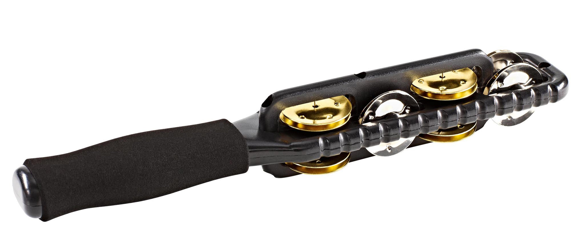 Multi-Jingle Stick, cymbalettes laiton et acier nickelé sur deux plans, grip gainé mousse, noir