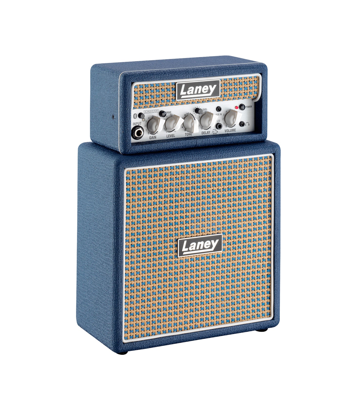 Ampli guitare MINISTACK-B-LION stéréo 2x 3W, connexion Bluetooth, look Lionheart, 4 x HP 3", 2 canaux, connectique LSI, bleu
