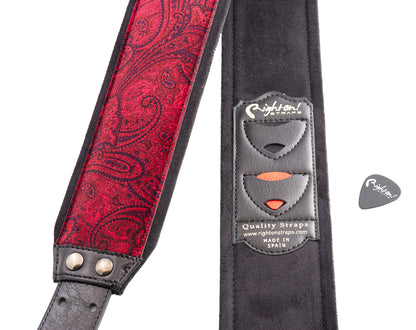 Courroie modèle J-PAISLEY, extérieur velours, largeur 7 cm, longueur 95 à 150 cm, porte-médiators intégré, rouge