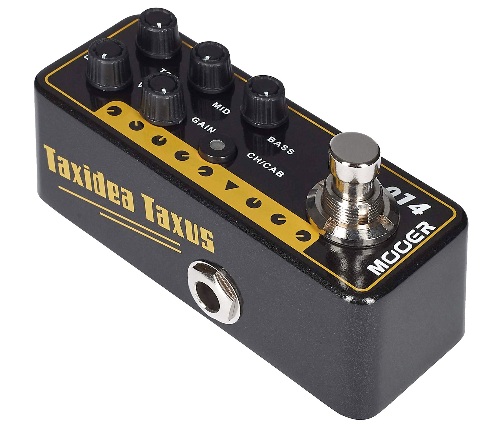 Pédale TAXIDEA TAXUS, préampli numérique type US combo, deux canaux, EQ 3 bandes par canal, noir et jaune