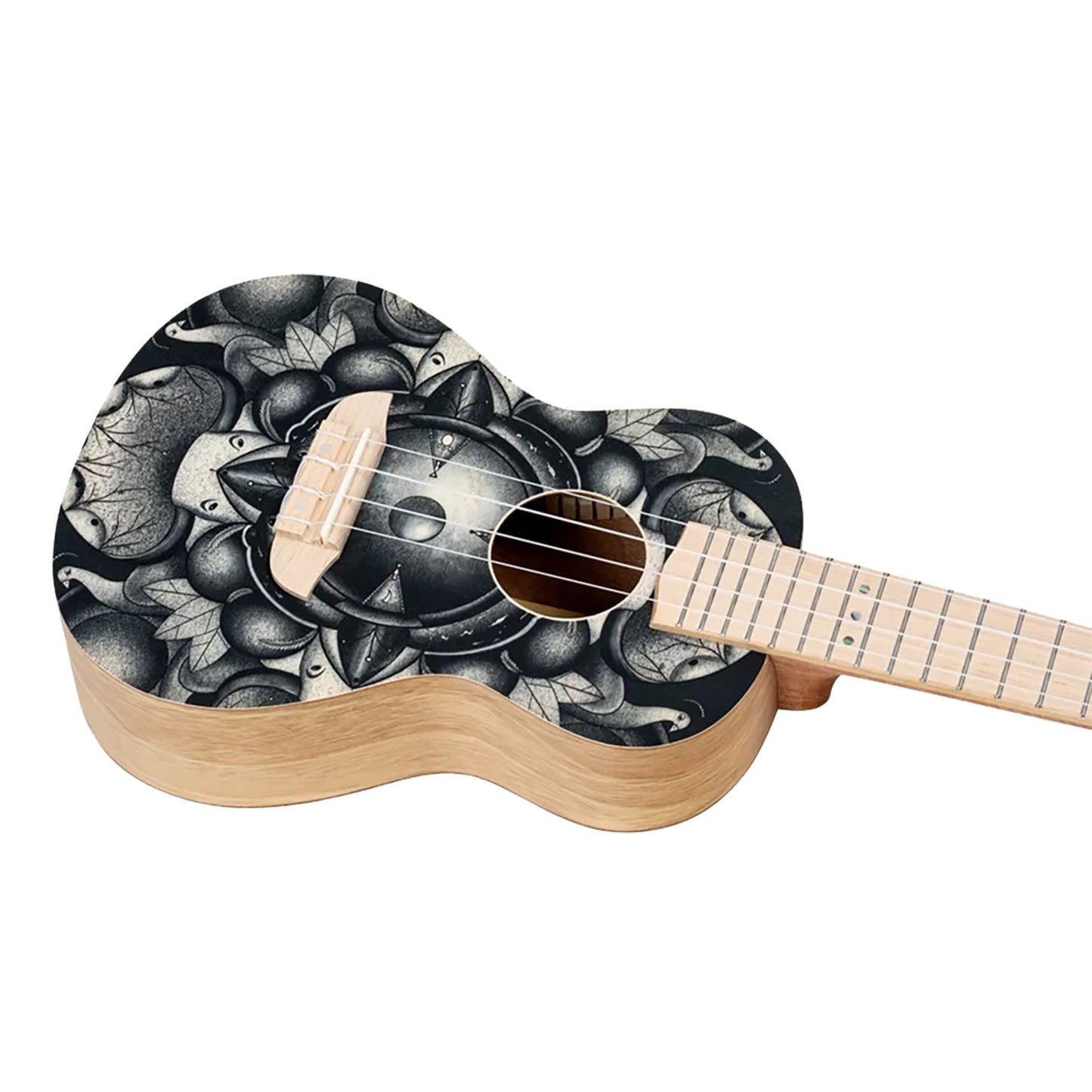 RUAR-BI, modèle Concert, table épicéa avec motif custom, fond & éclisses catalpa, manche nato, motif"oiseaux" satiné