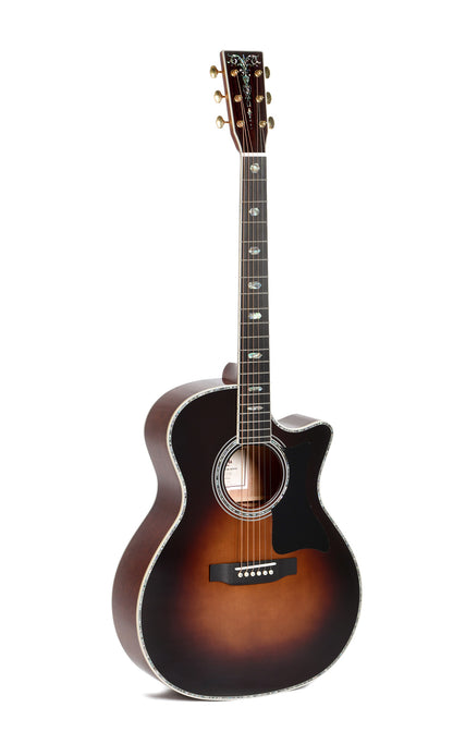 Modèle SGMC-41E-SB, Grand OM pan coupé, table épicéa massif, f/e acajou massif, touche ébène, EQ LR Baggs, soft case, sunburst