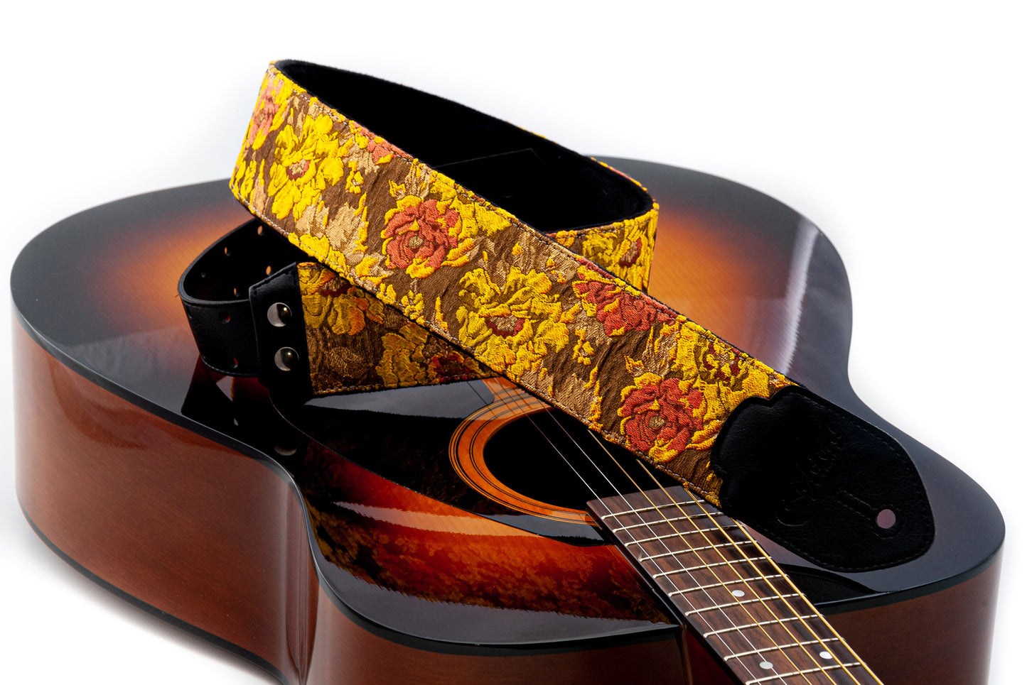 Courroie modèle GOLD & ROSES, extérieur synthétique et tissu, largeur 7 cm, longueur 95 à 150 cm, porte-médiators, orange