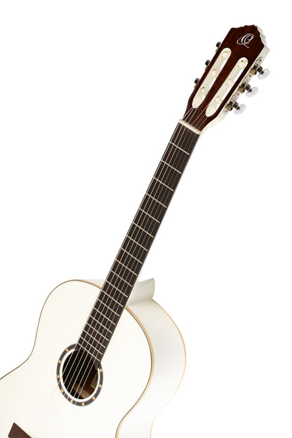 R121SNWH, modèle Slim Neck, table épicéa, fond & éclisses acajou, manche acajou (sillet 48 mm), housse, blanc brillant