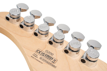 G200, corps peuplier, manche érable, touche jatoba , 2 micros simples et 1 double Powersound, plaque blanche, noir