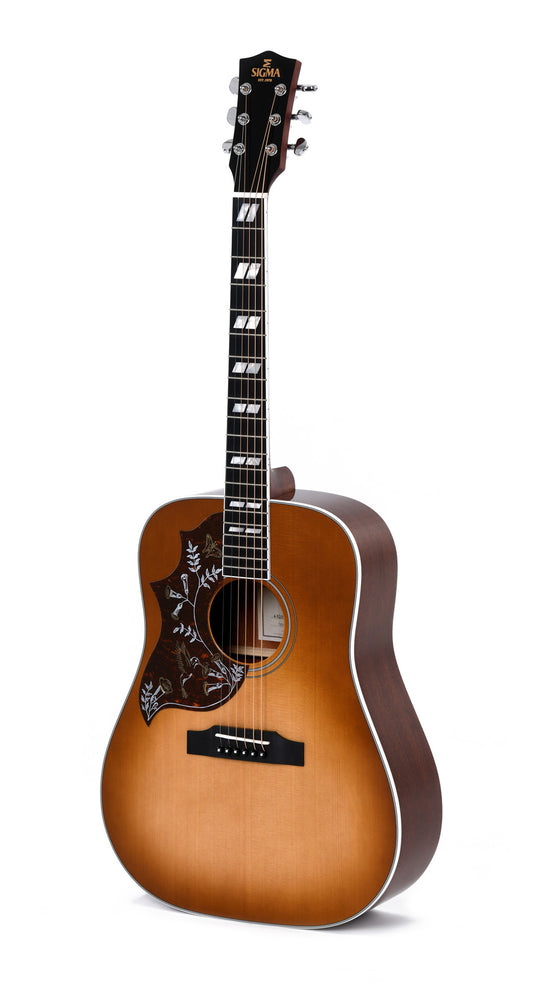 Modèle DM-SG5L, Dreadnought, table épicéa massif, f/e acajou, touche micarta, EQ Fishman, soft case, heritage sunburst, gaucher