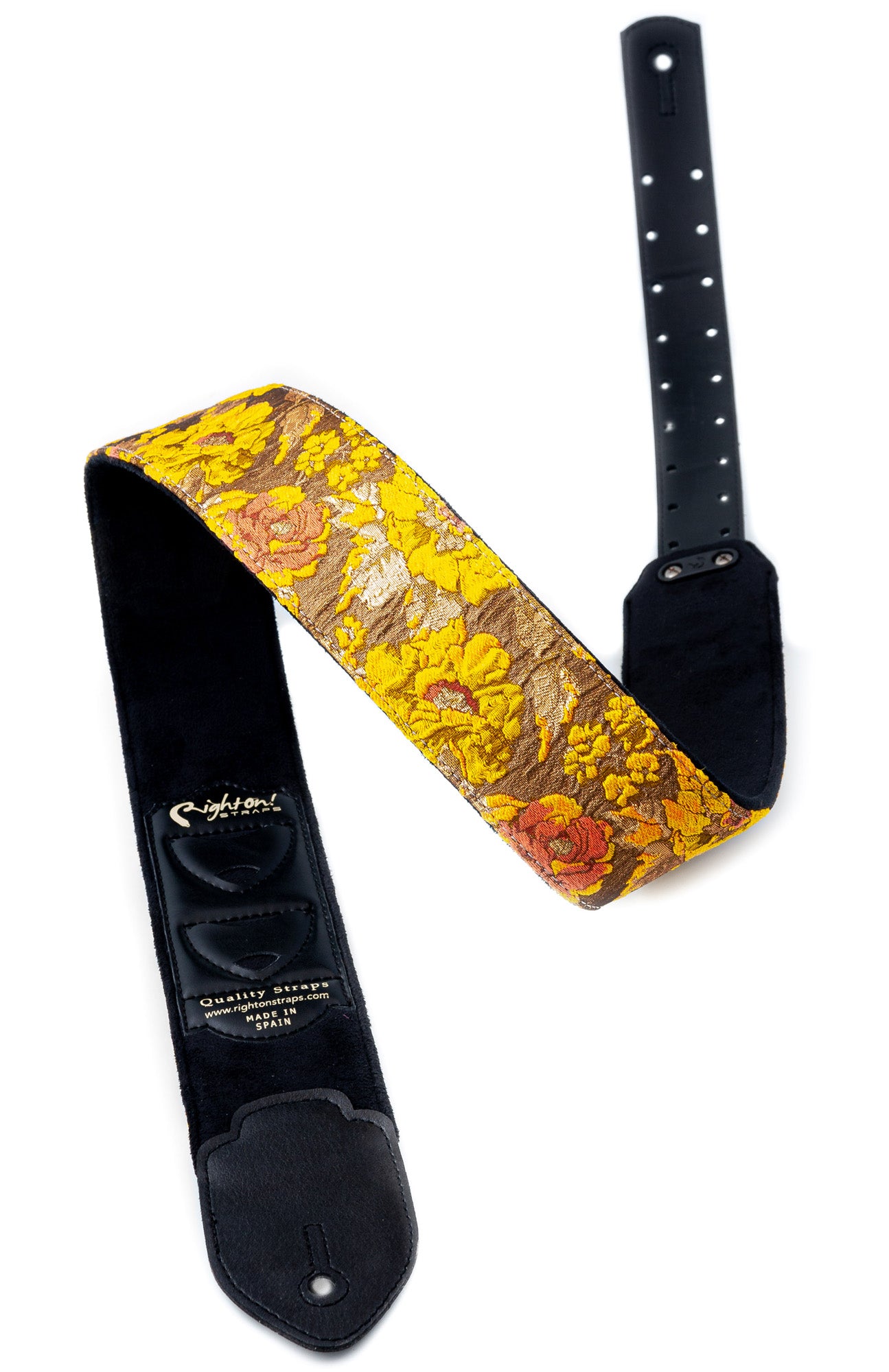 Courroie modèle GOLD & ROSES, extérieur synthétique et tissu, largeur 7 cm, longueur 95 à 150 cm, porte-médiators, orange