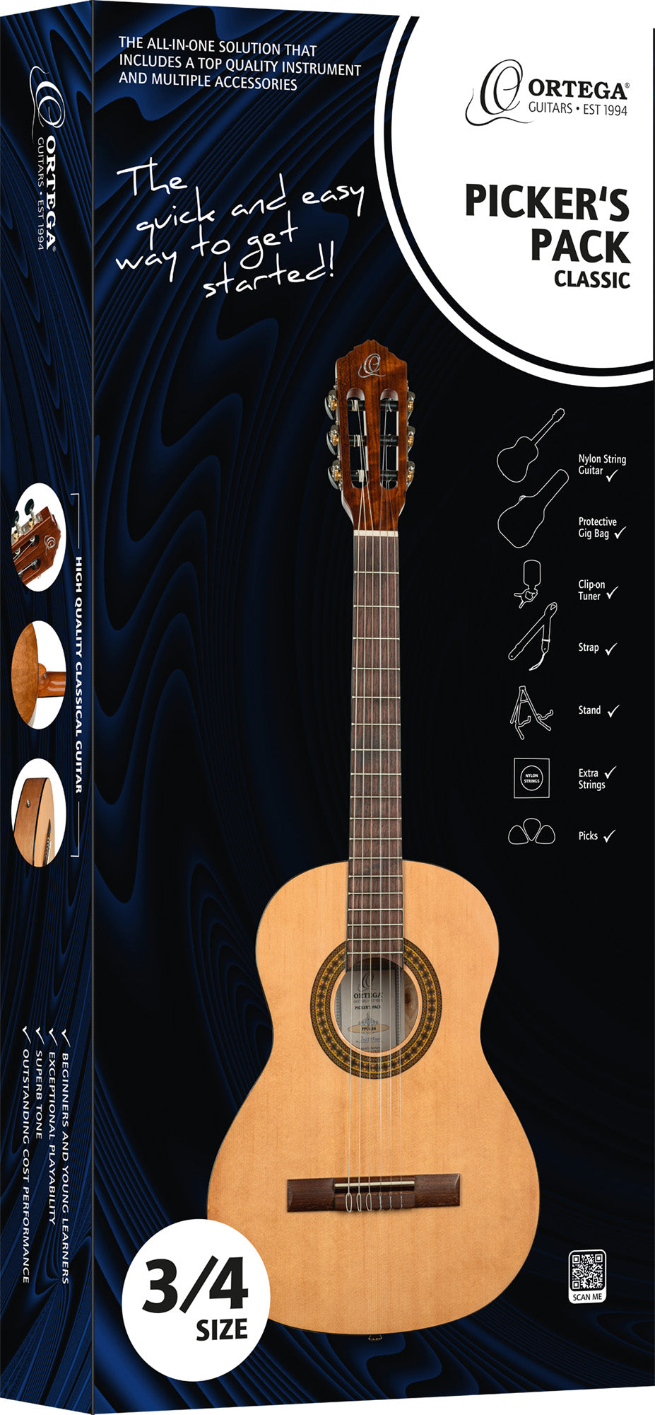Ortega Picker Pack : guitare 3/4 avec table épicéa, housse, support, accordeur, sangle, jeu de cordes et médiators, naturel