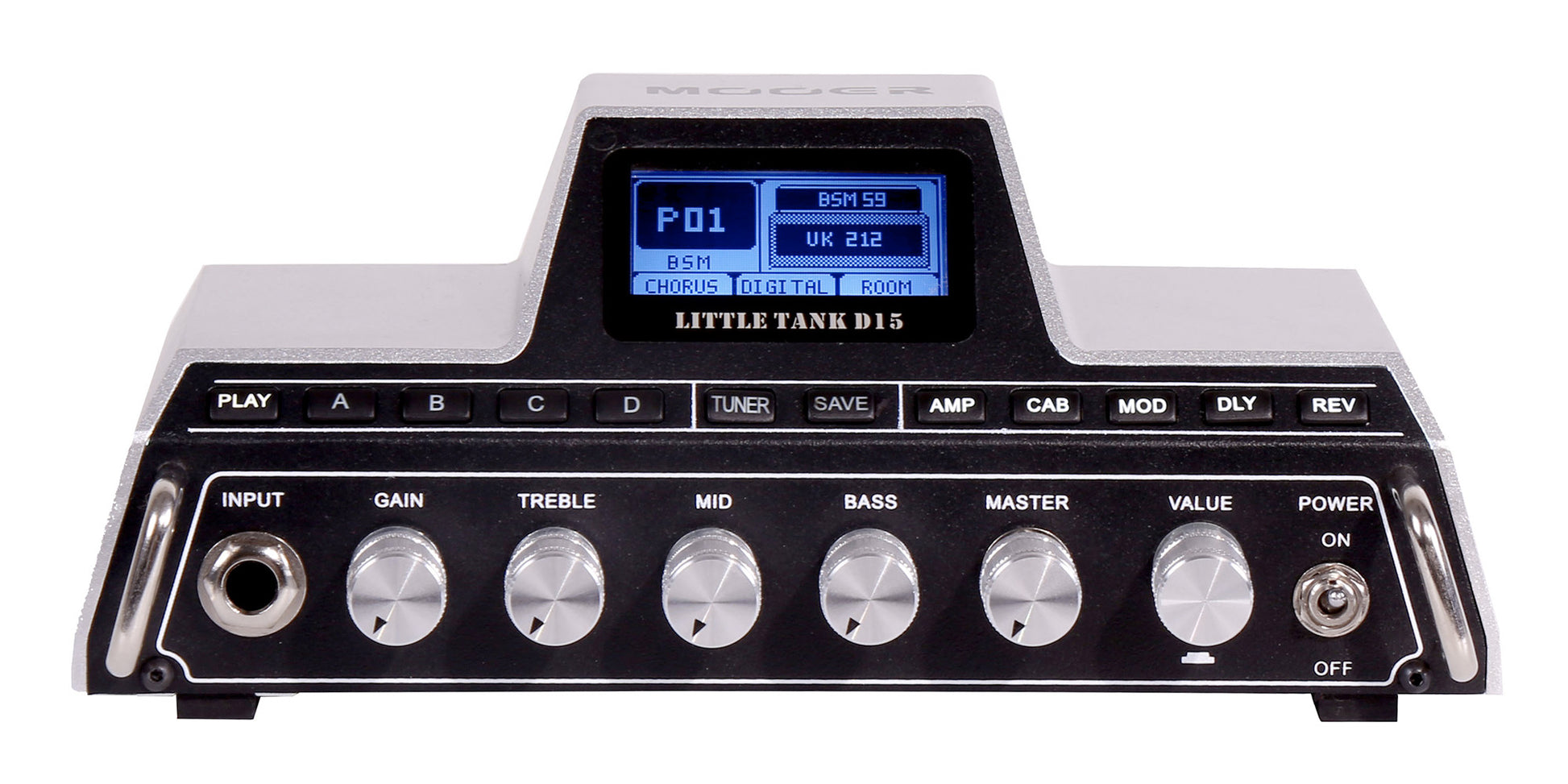 Tête amplifiée LITTLE TANK D15, 15W Class D, 25 simulations d'amplis haute-qualité, 20 simulations de haut-parleurs, gris