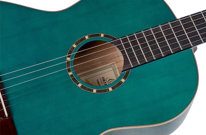 R121SNOC, modèle Slim Neck, table épicéa, fond & éclisses acajou, manche acajou (sillet 48 mm), housse, bleu océan brillant