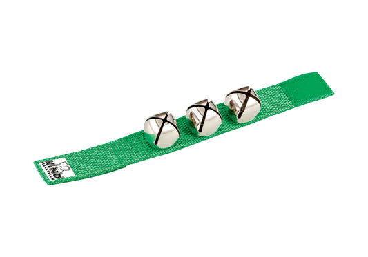 Bracelet nylon 23 cm, 3 clochettes acier, attache rapide, vert