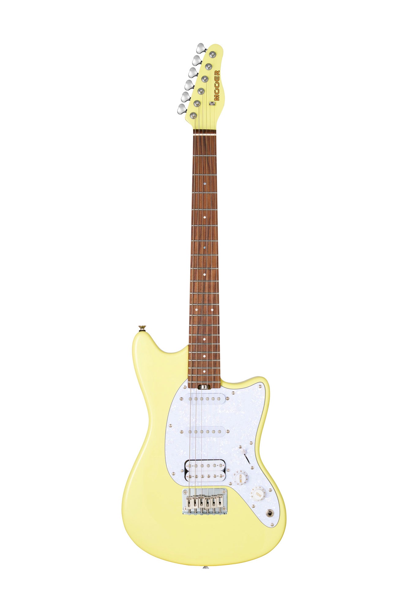 MOOER MLT10, short scale, corps peuplier, manche érable torréfié satiné, touche palissandre, diapason 610 mm, jaune, avec housse