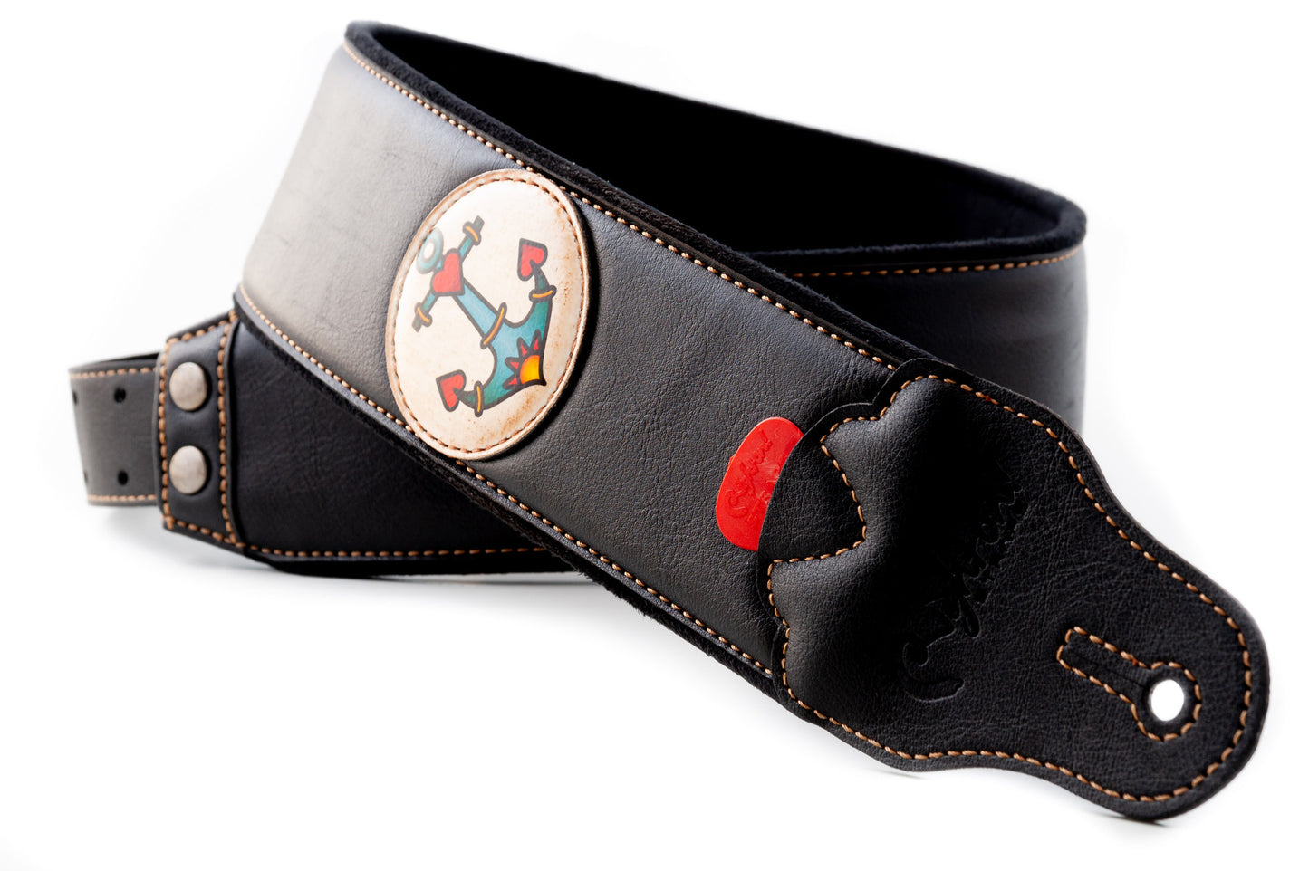 Courroie modèle TATOO ANCHOR, extérieur synthétique, largeur 7 cm, longueur 98 à 153 cm, porte-médiators intégré, noir