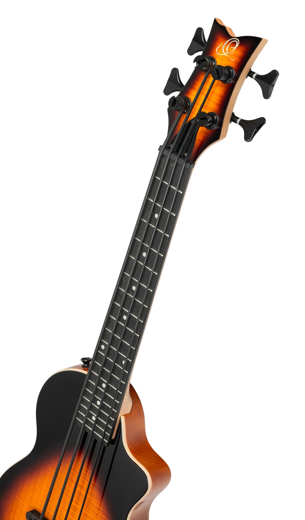 NEO-BS-TSB, modèle Ukebass, pan coupé, EQ MagusExpress, table érable flammé, corps okoumé, manche érable, housse, tobacco burst