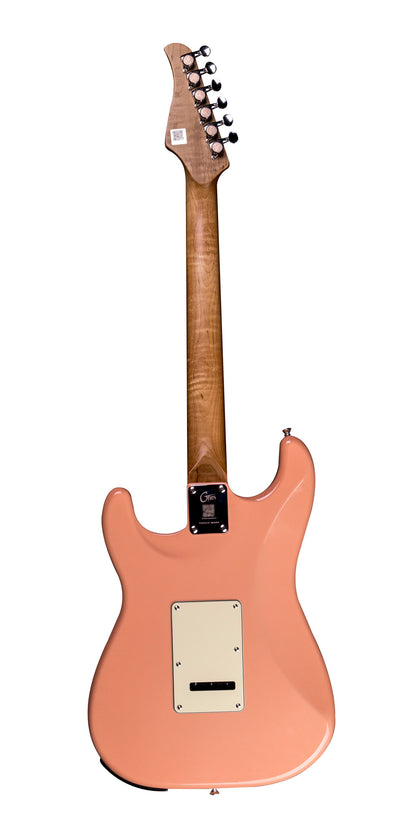 GTRS P801, corps aulne, manche érable flammé torréfié, touche érable, micros et processeur GTRS, flamingo pink