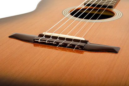 FUSION-CD, table cèdre massif, fond & éclisses sapelly massif, manche acajou, soft case, satiné, table brillante