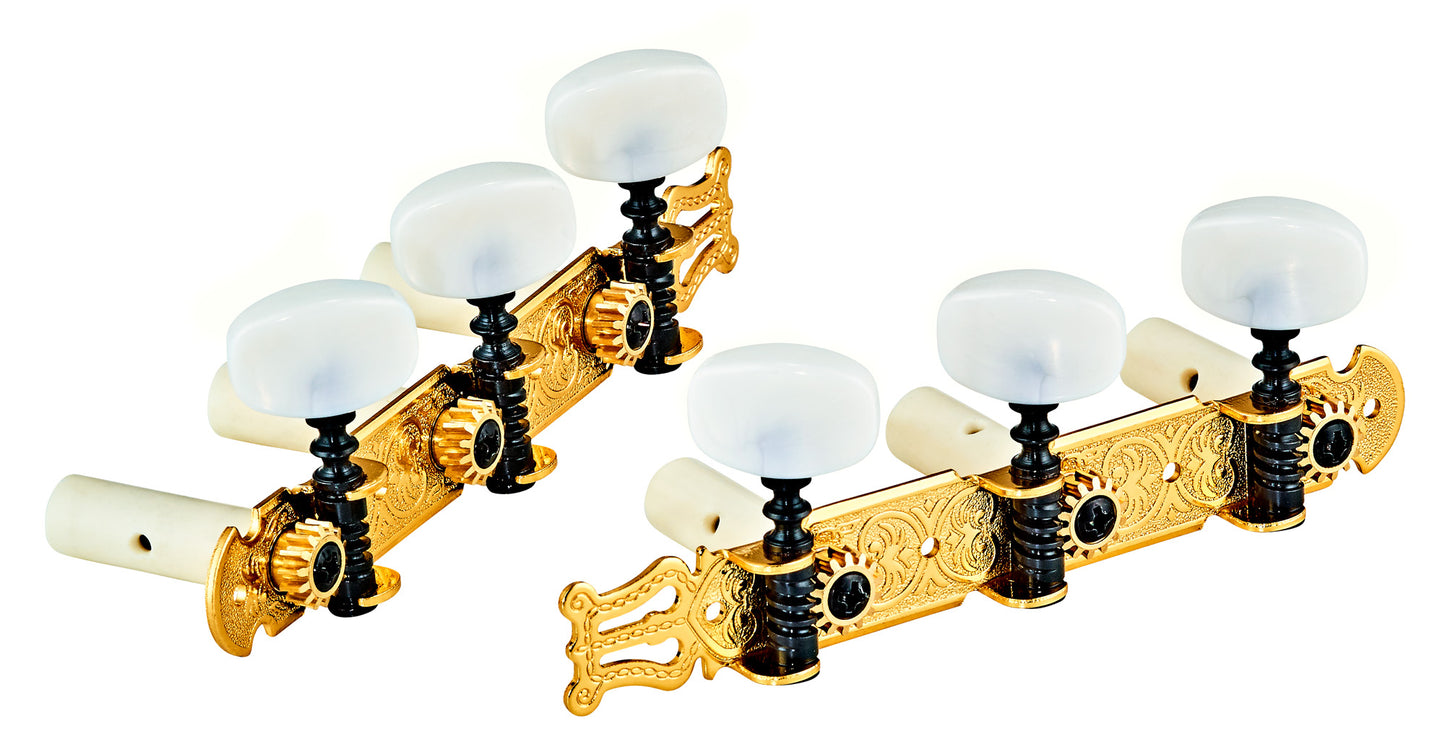Jeu de mécaniques pour guitare classique série Standard, ratio 14:1, plaques dorées avec lyres, boutons blancs nacrés