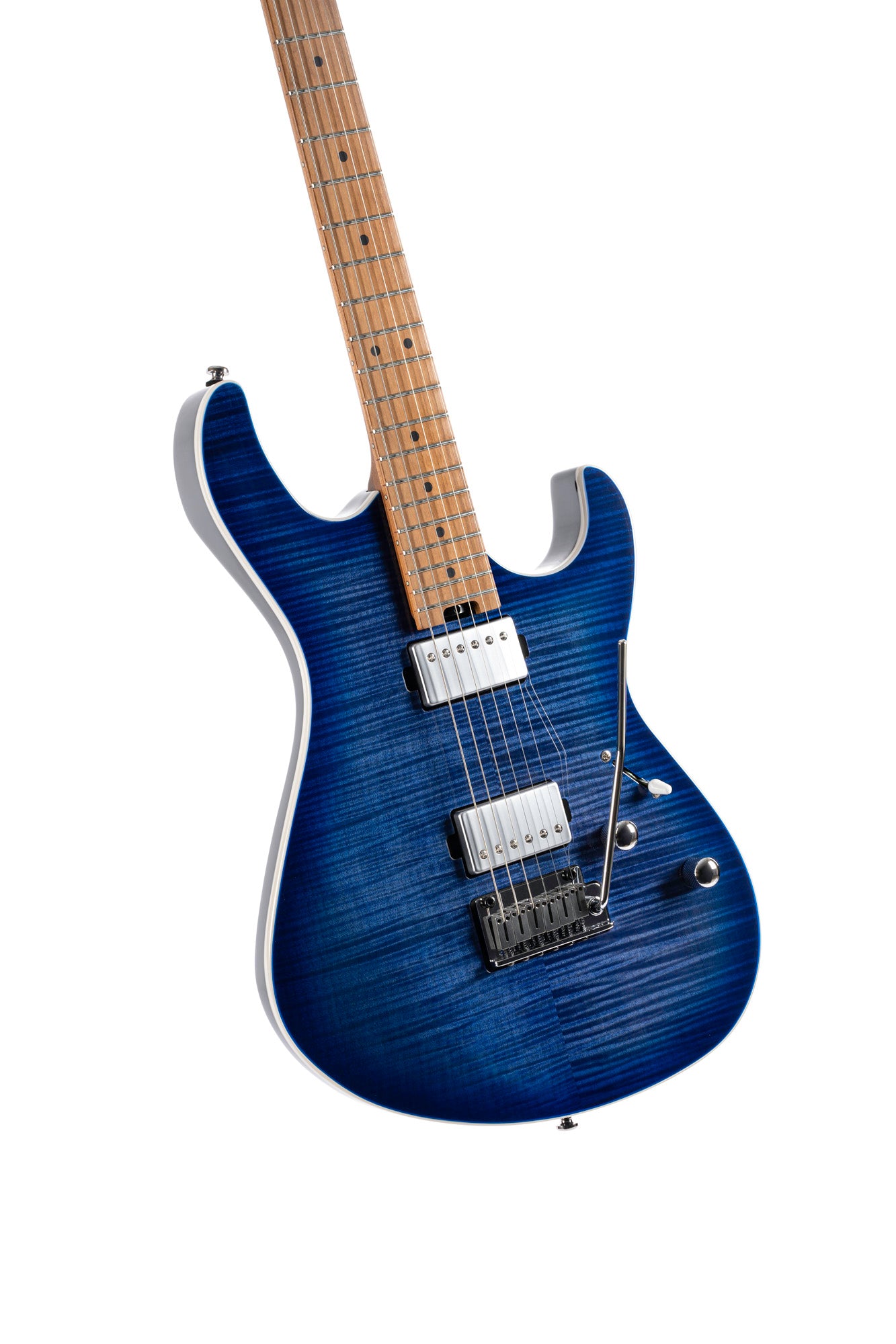 G290 FAT II, corps sassafras, table érable flammé, manche et touche érable torréfié, 2 micros Voiced Tone VTH-77, blue burst