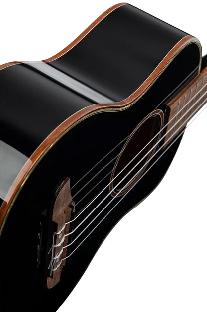 RUOX-TE, modèle Ténor, table épicéa, fond & éclisses acajou, manche acajou, housse luxe, noir brillant