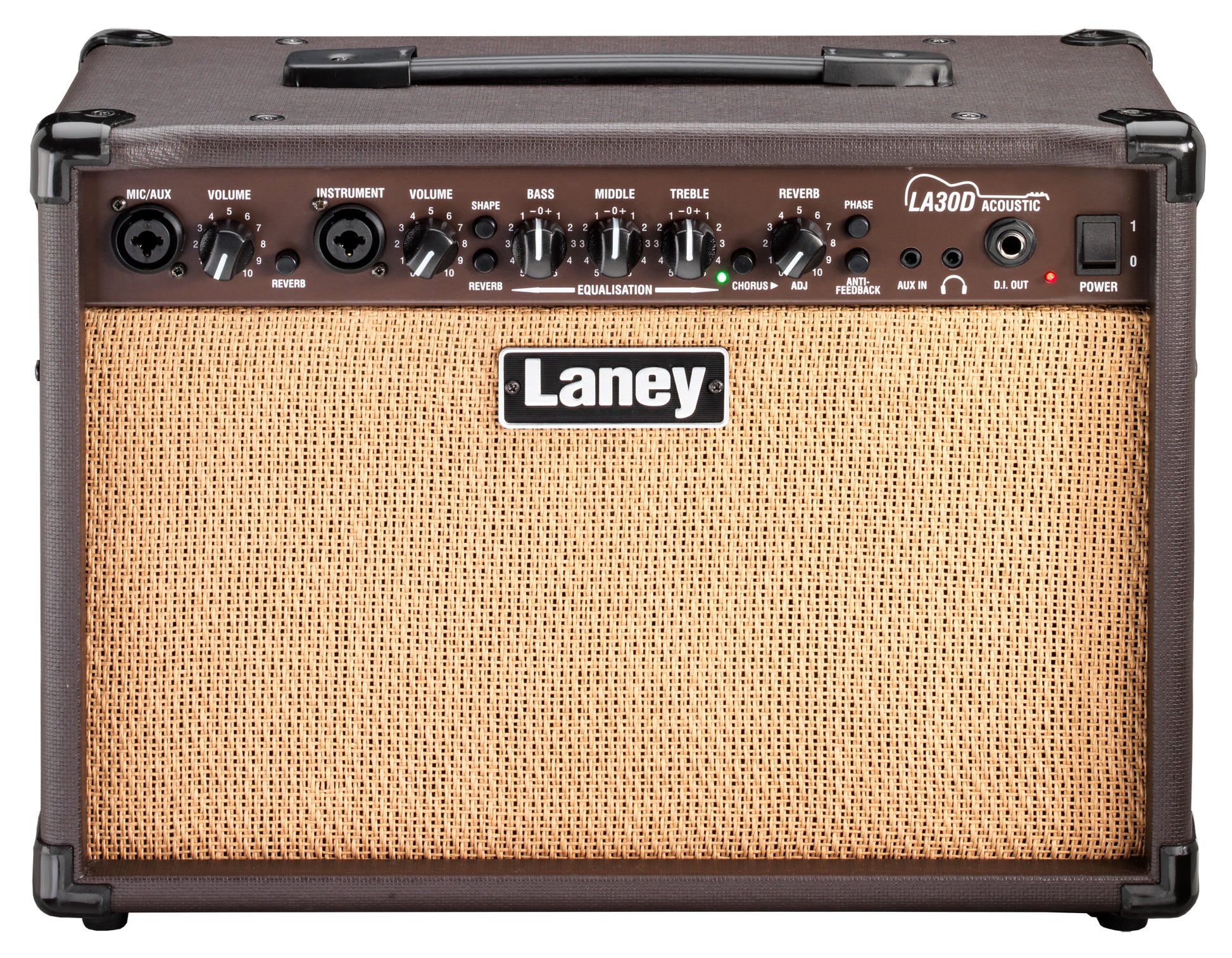 Ampli guitare acoustique 30W, 2x HP 6.5" double cône, 2 canaux, effets chorus et réverb, brun.
