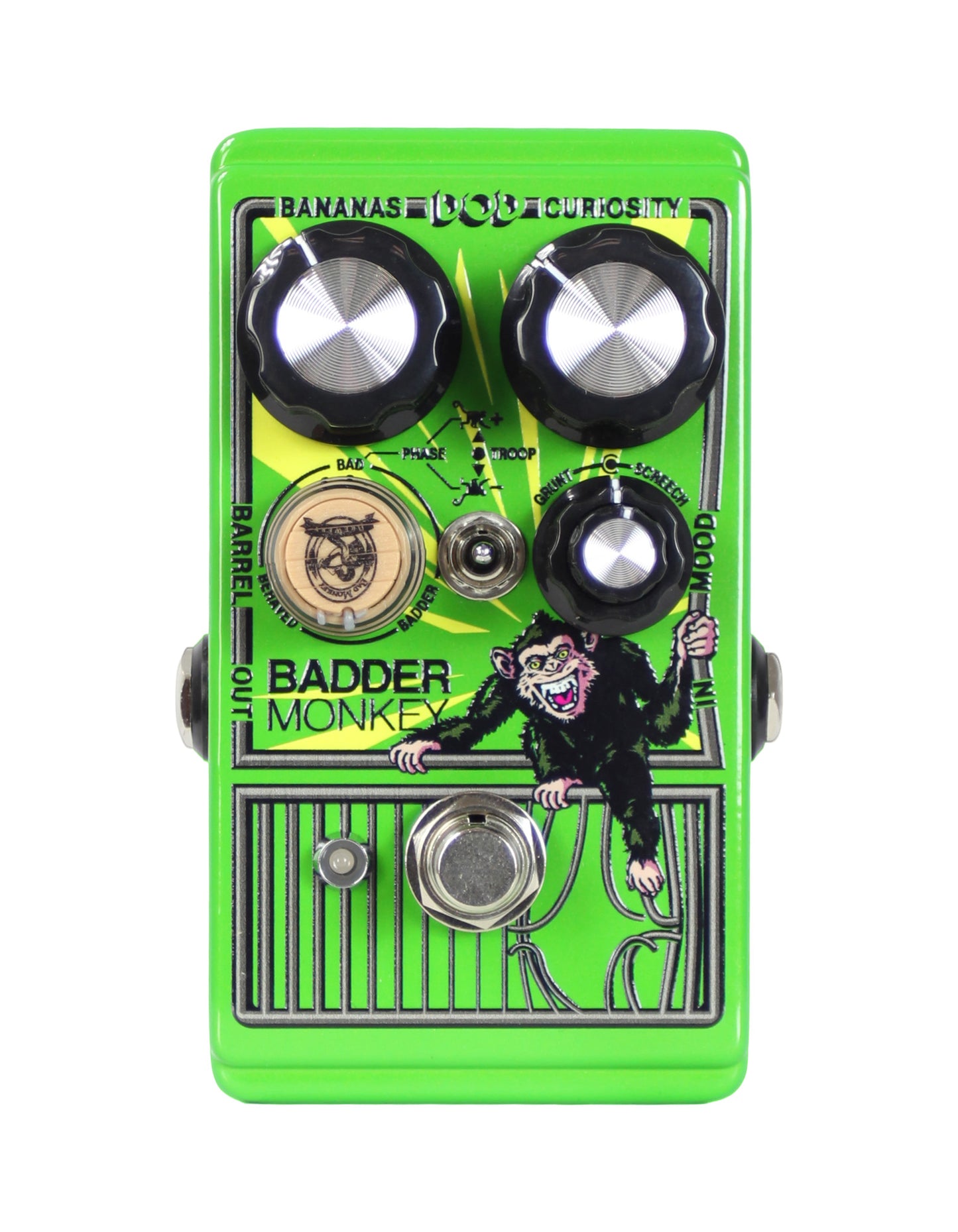 Pédale BADDER MONKEY, overdrive 3 circuits dont 2 mélangeables, switch de phase, EQ, True Bypass, plaque réversible, vert