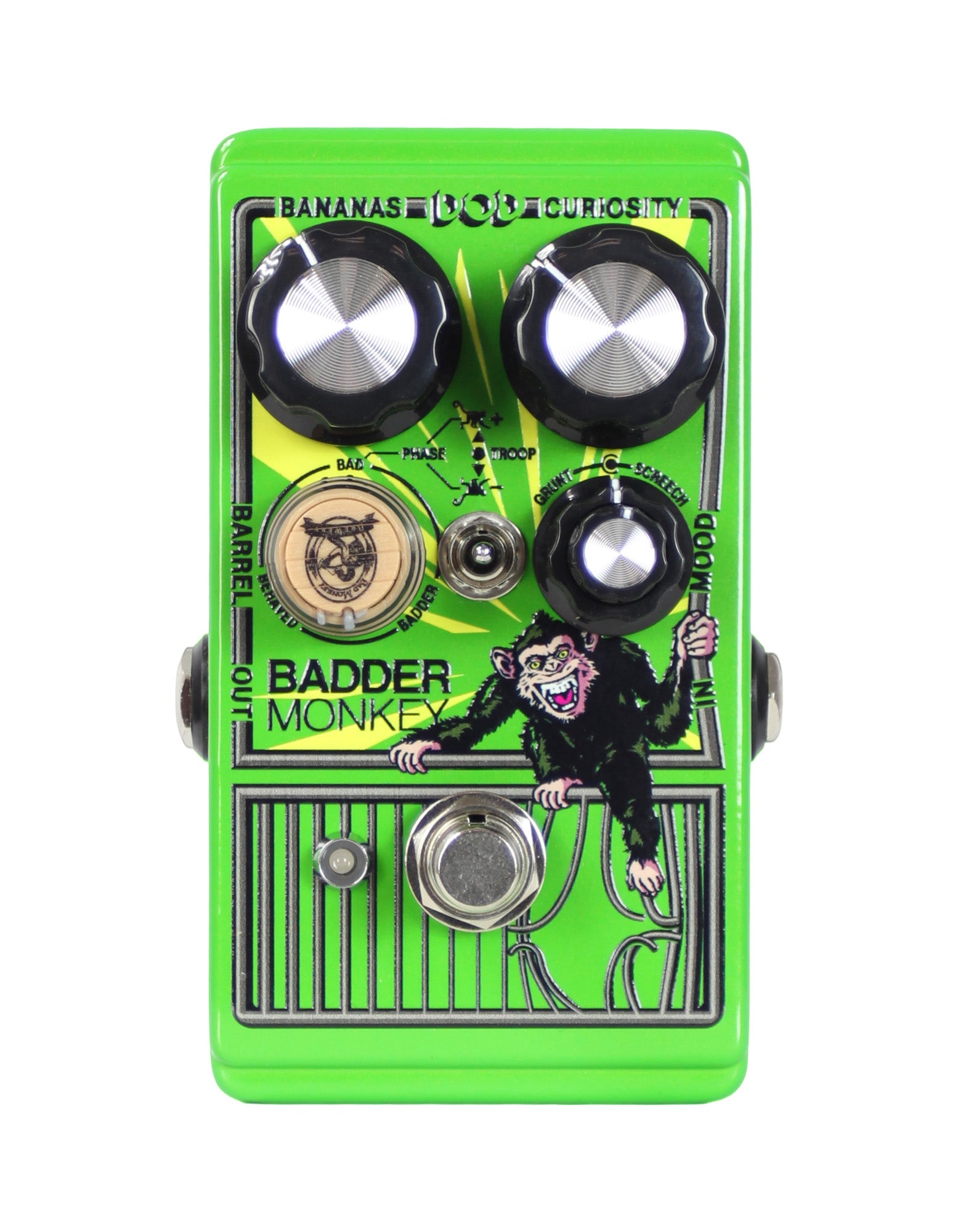 Pédale BADDER MONKEY, overdrive 3 circuits dont 2 mélangeables, switch de phase, EQ, True Bypass, plaque réversible, vert