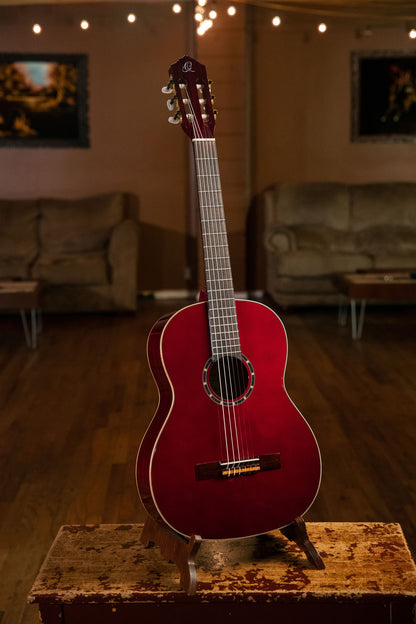 R131SN, modèle Slim Neck, table cèdre rouge massif, fond & éclisses acajou, manche acajou (sillet 48 mm), housse, bordeaux tr.