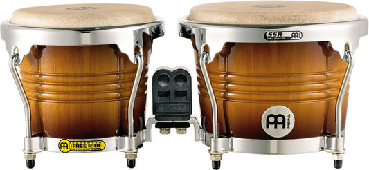Paire bongos 6"3/4 & 8", hévéa, susp. Free Ride, peaux buffle, crochets 8 mm, cercles SSR 2mm, accast. chromé, Gold Amber bri