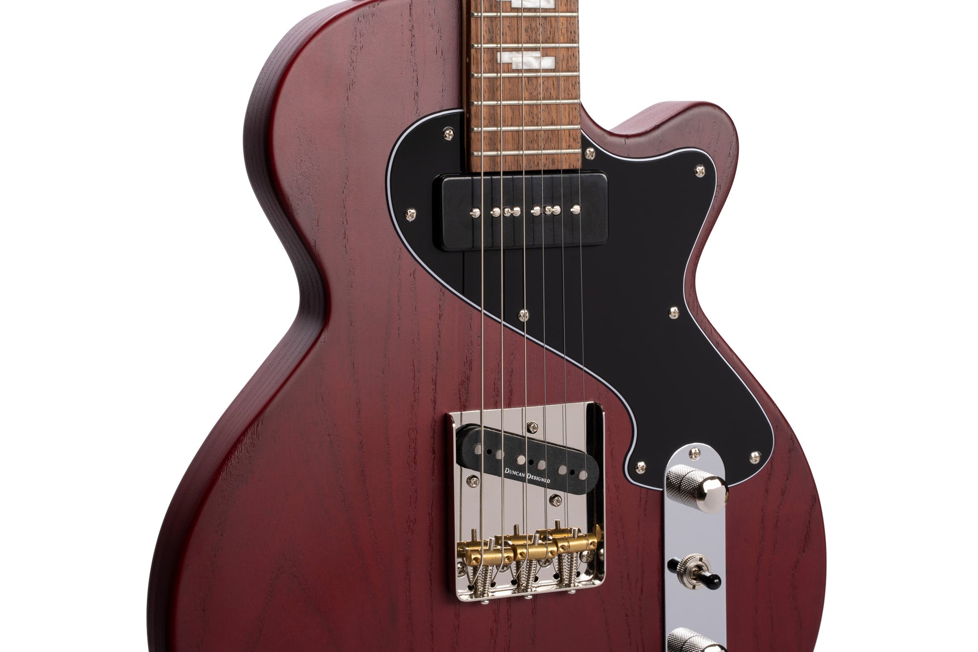 SUNSET TC, corps frêne, manche érable, touche jatoba, 2 micros CORT Voiced Tone, bordeaux pores ouverts