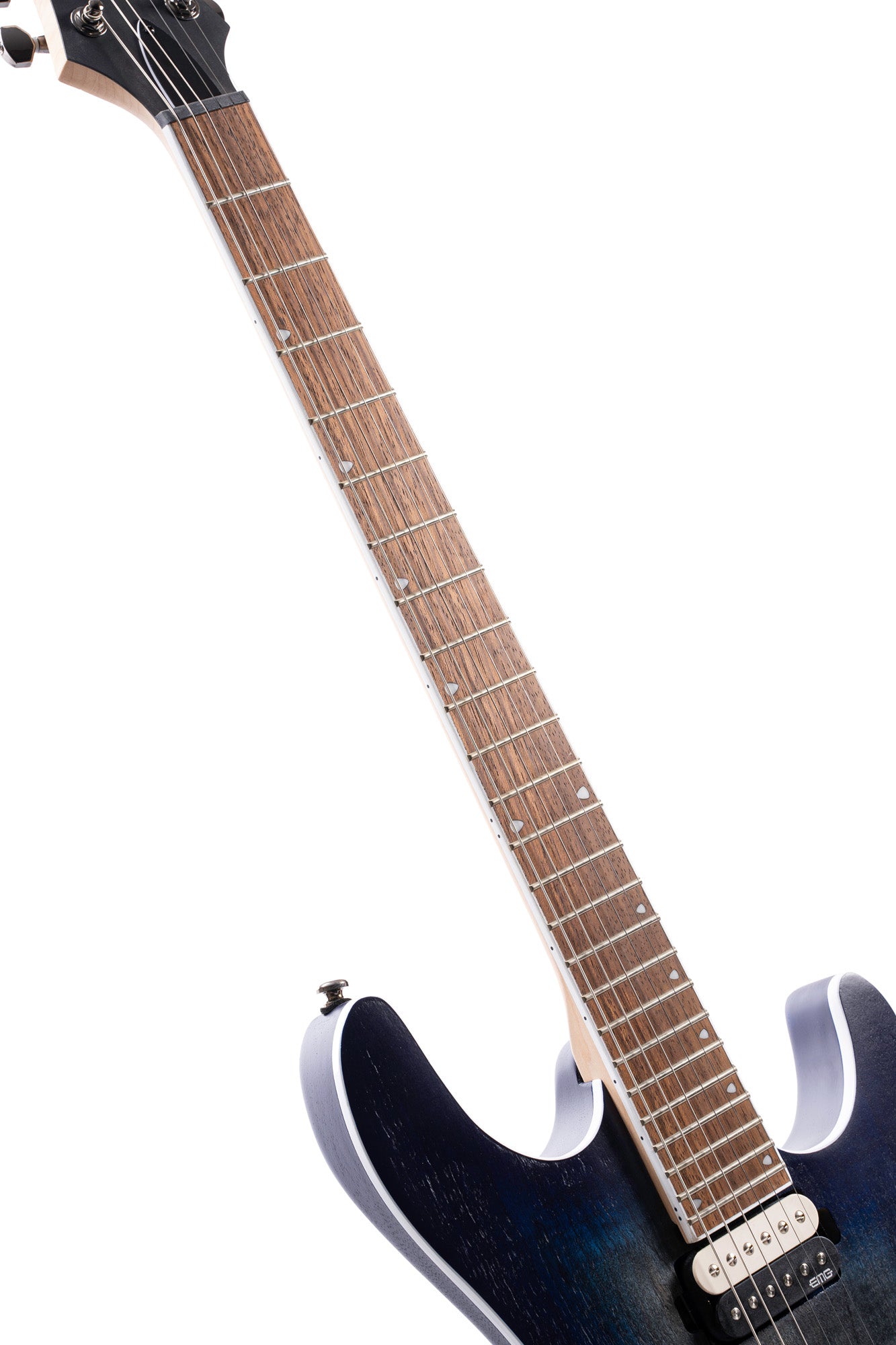 KX300, corps acajou, table érable figuré, manche vissé érable, touche jatoba, micros EMG RetroActive, cobalt burst pores ouverts